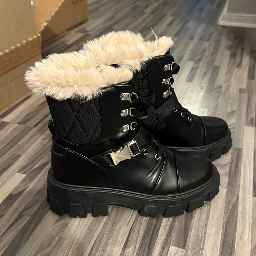 Fashion Nova Black Buckled Fur Lined Lace Up Heeled Combat Boots
